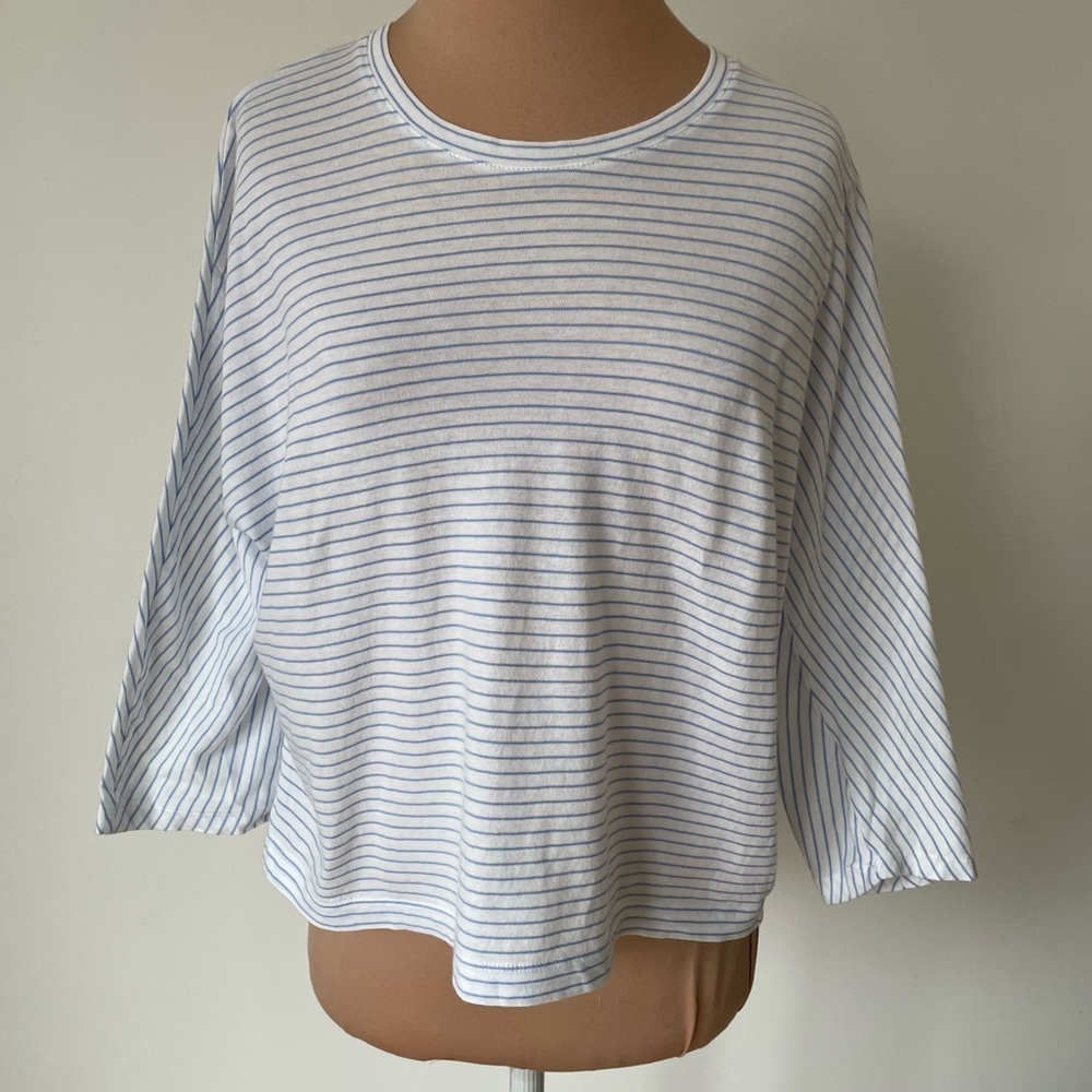Vince Pencil Stripe Dolman Sleeve Cotton Optic White Aqua Bloom Striped Top XXS